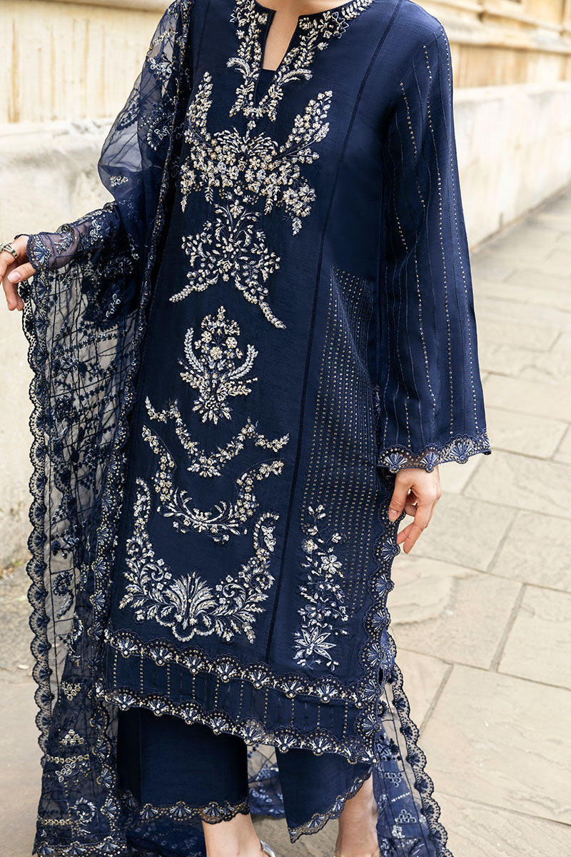 Navy Blue Embroidered Raw Silk Salwar Kameez (3-Piece) - Image 7