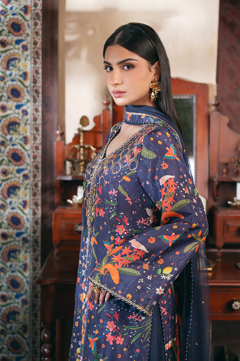 Navy Blue Tropical Print Raw Silk Salwar Kameez (3-Piece) - Image 2