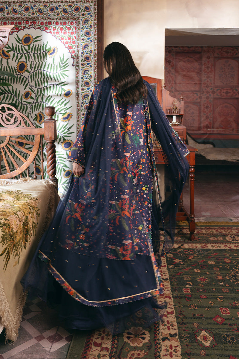 Navy Blue Tropical Print Raw Silk Salwar Kameez (3-Piece) - Image 3