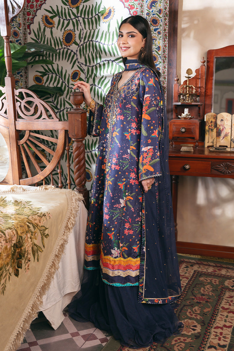 Navy Blue Tropical Print Raw Silk Salwar Kameez (3-Piece) - Image 4