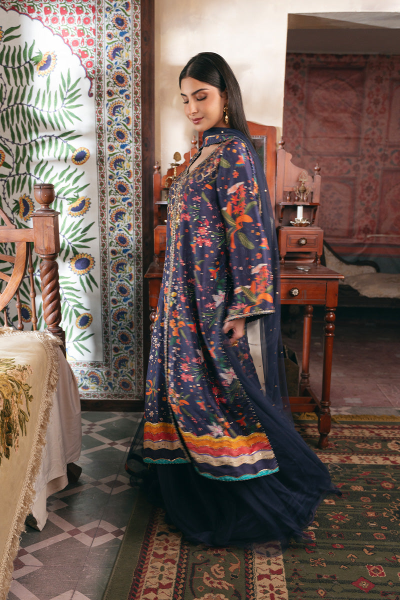 Navy Blue Tropical Print Raw Silk Salwar Kameez (3-Piece) - Image 7