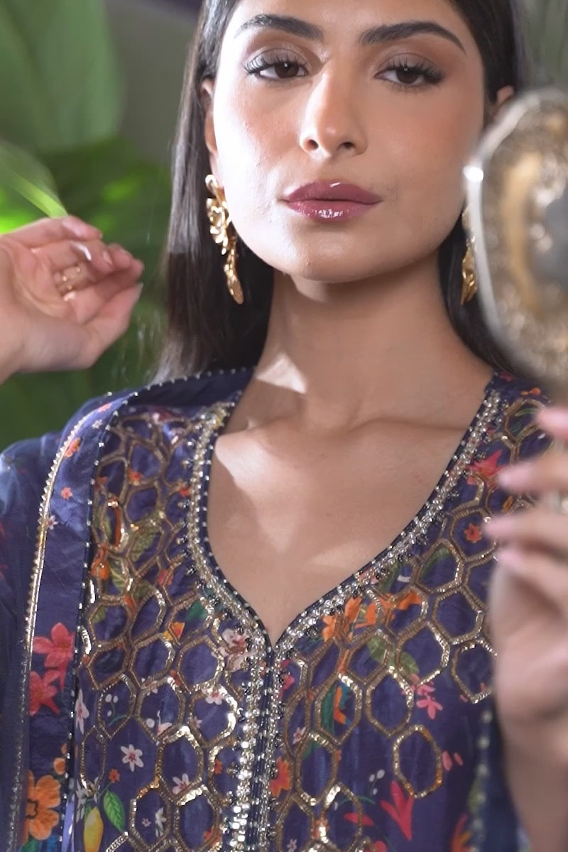 Navy Blue Tropical Print Raw Silk Salwar Kameez (3-Piece) - Image 8