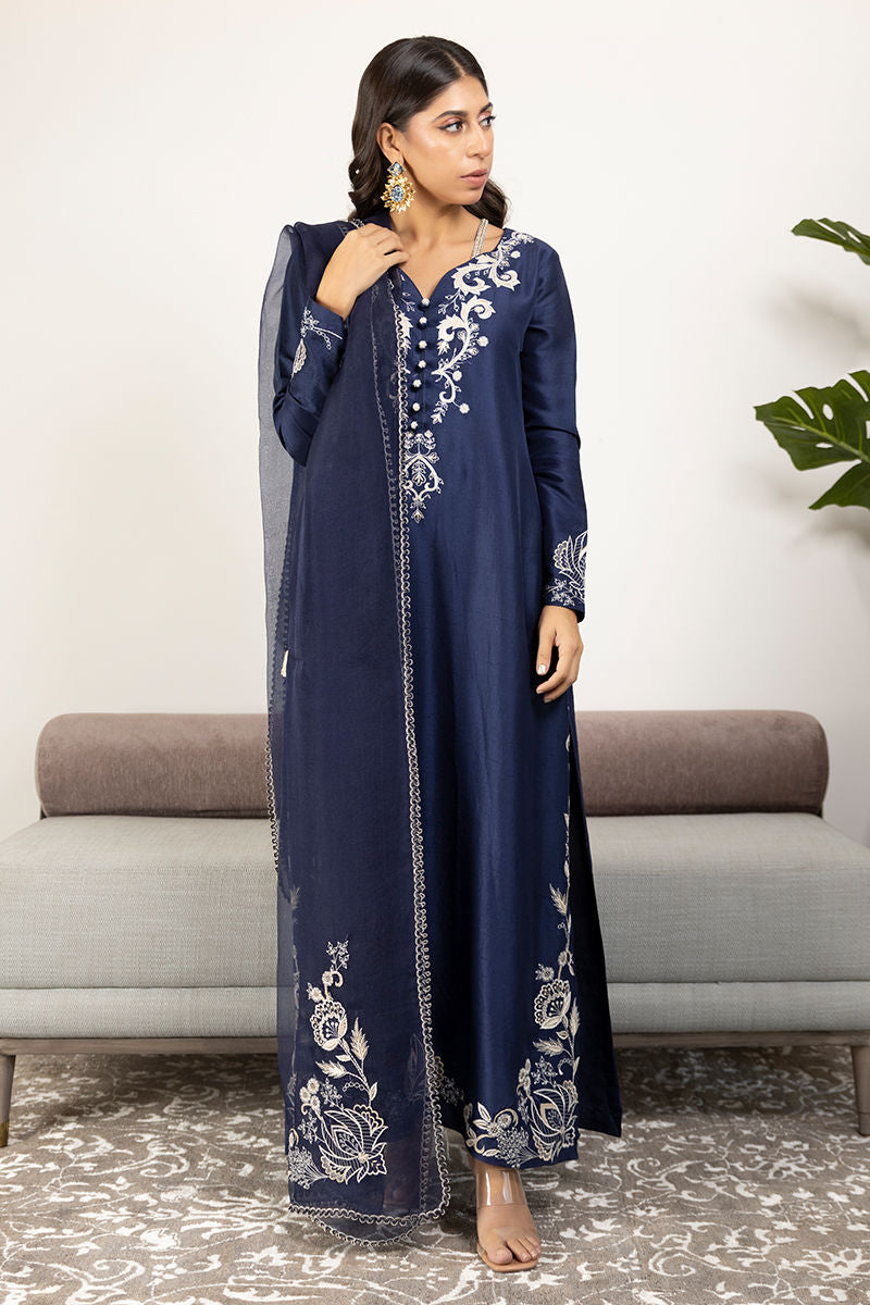 Navy Embroidered Raw Silk Salwar Kameez (3-Piece) - Image 1
