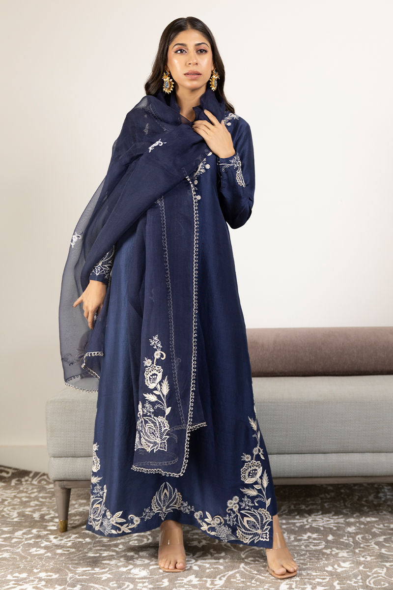 Navy Embroidered Raw Silk Salwar Kameez (3-Piece) - Image 2