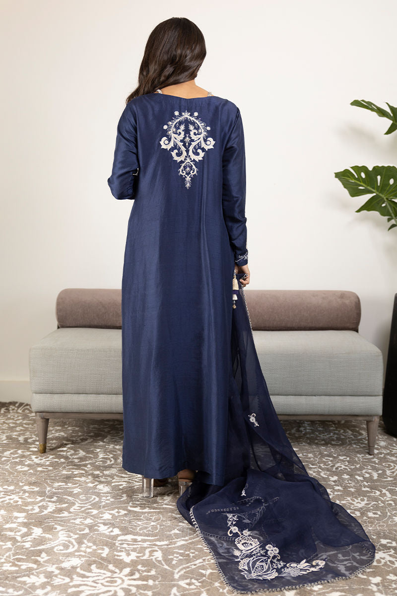 Navy Embroidered Raw Silk Salwar Kameez (3-Piece) - Image 3