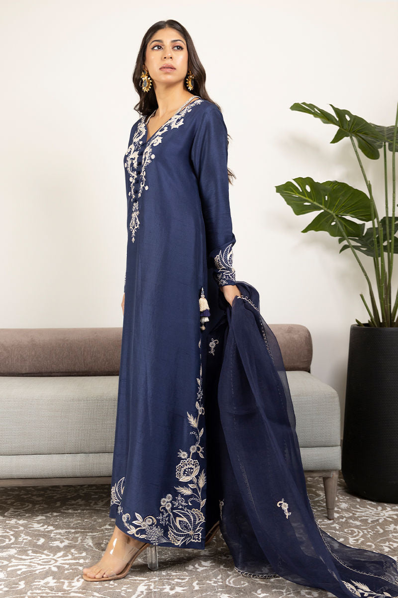 Navy Embroidered Raw Silk Salwar Kameez (3-Piece) - Image 4