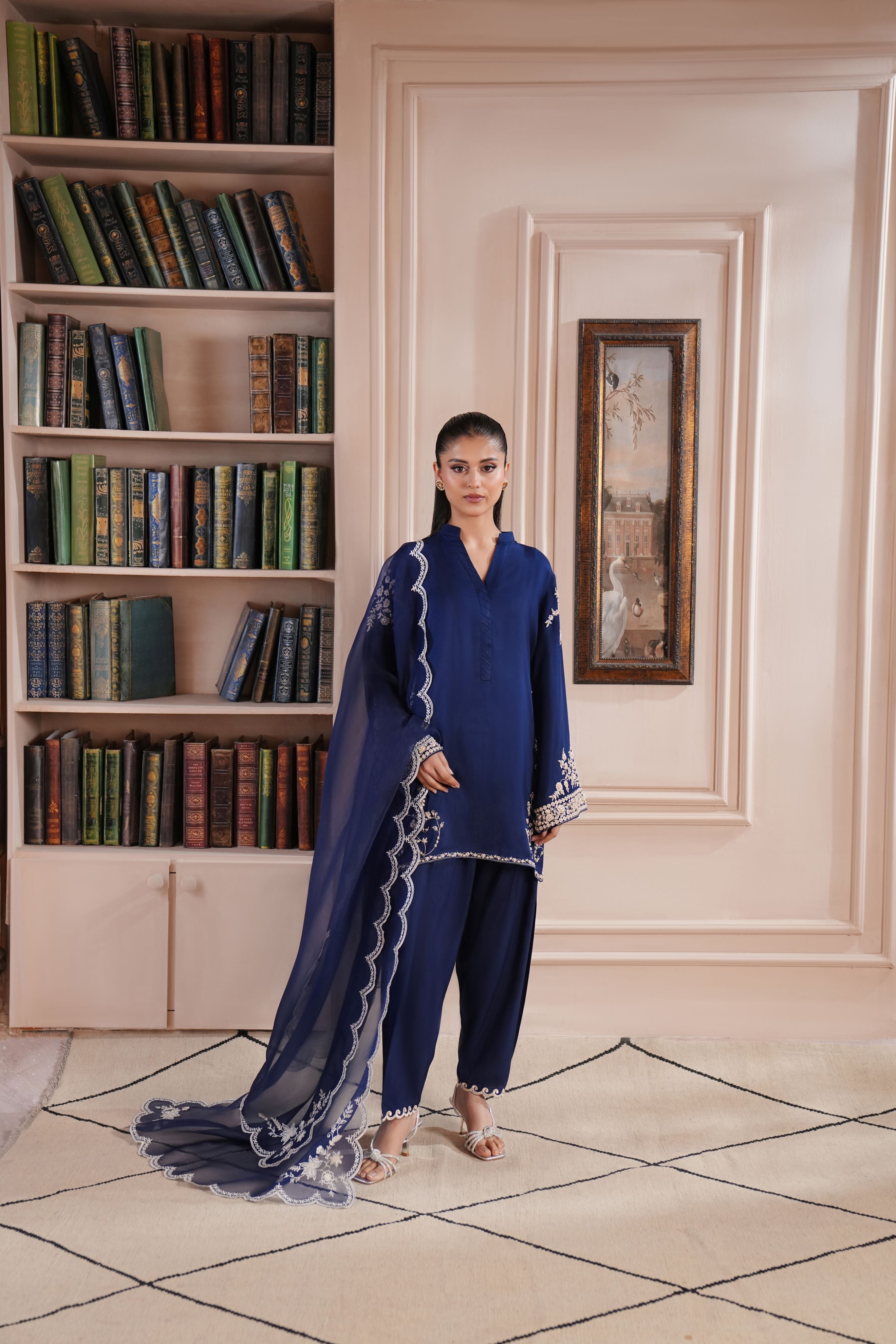 Navy Blue Embroidered Silk Salwar Kameez (3-Piece) - Image 1