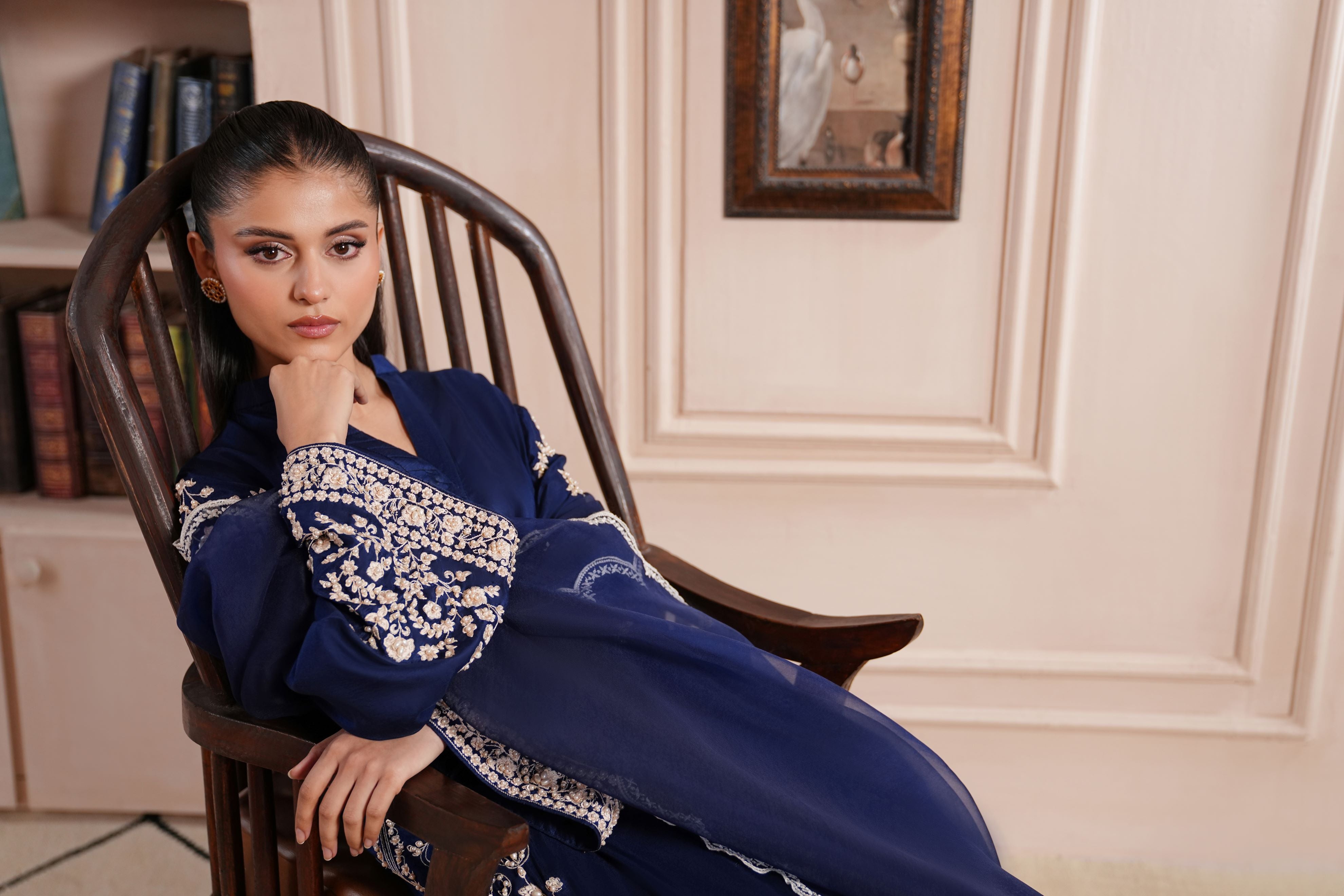 Navy Blue Embroidered Silk Salwar Kameez (3-Piece) - Image 2