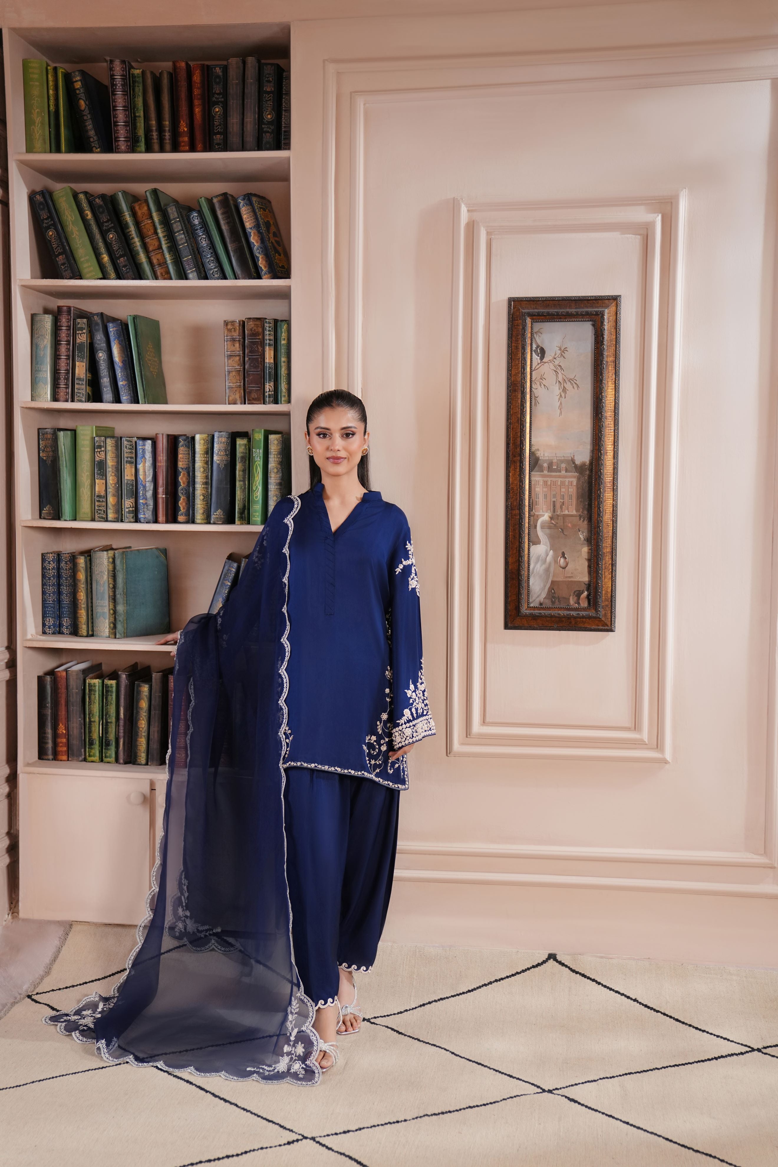 Navy Blue Embroidered Silk Salwar Kameez (3-Piece) - Image 3