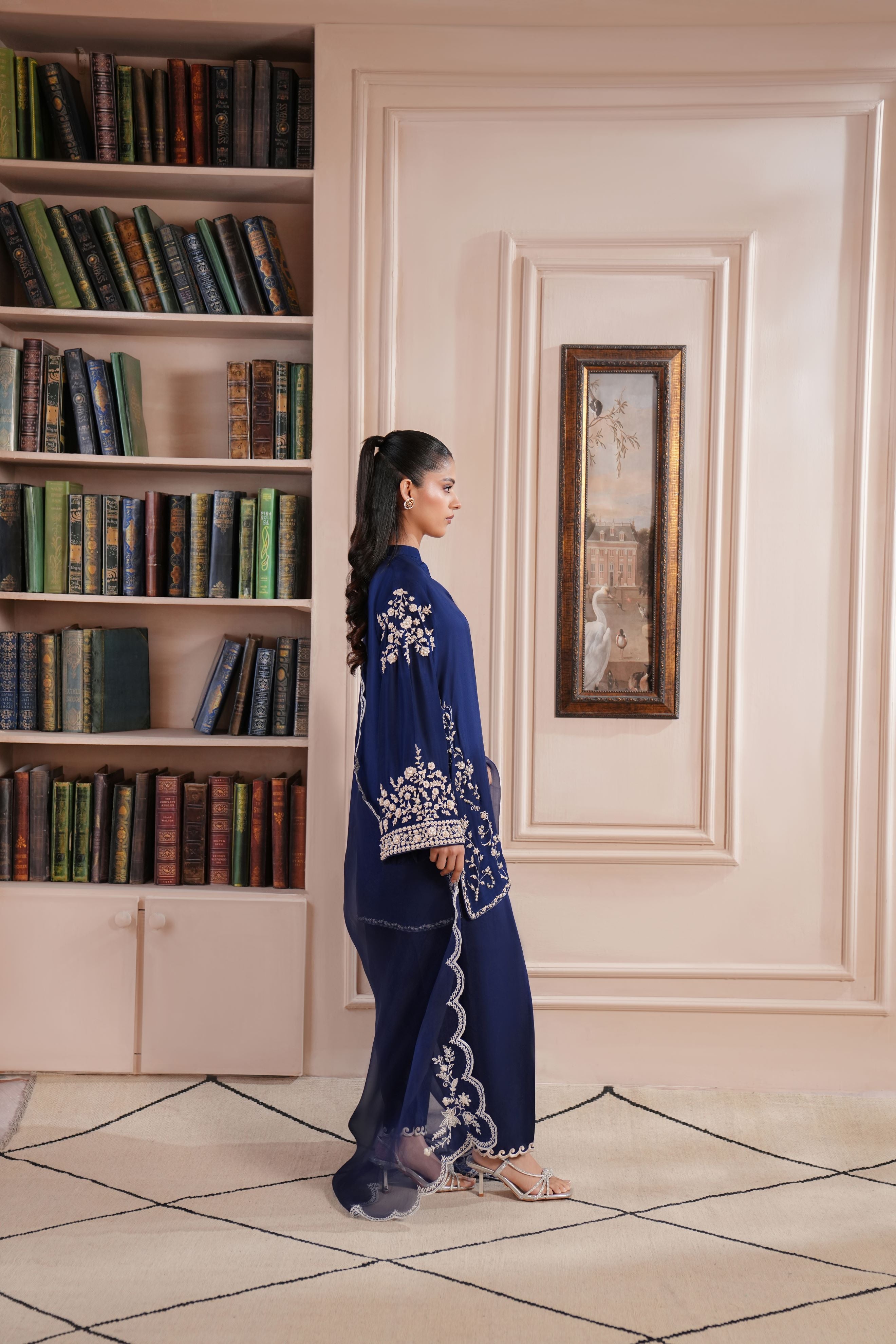 Navy Blue Embroidered Silk Salwar Kameez (3-Piece) - Image 5