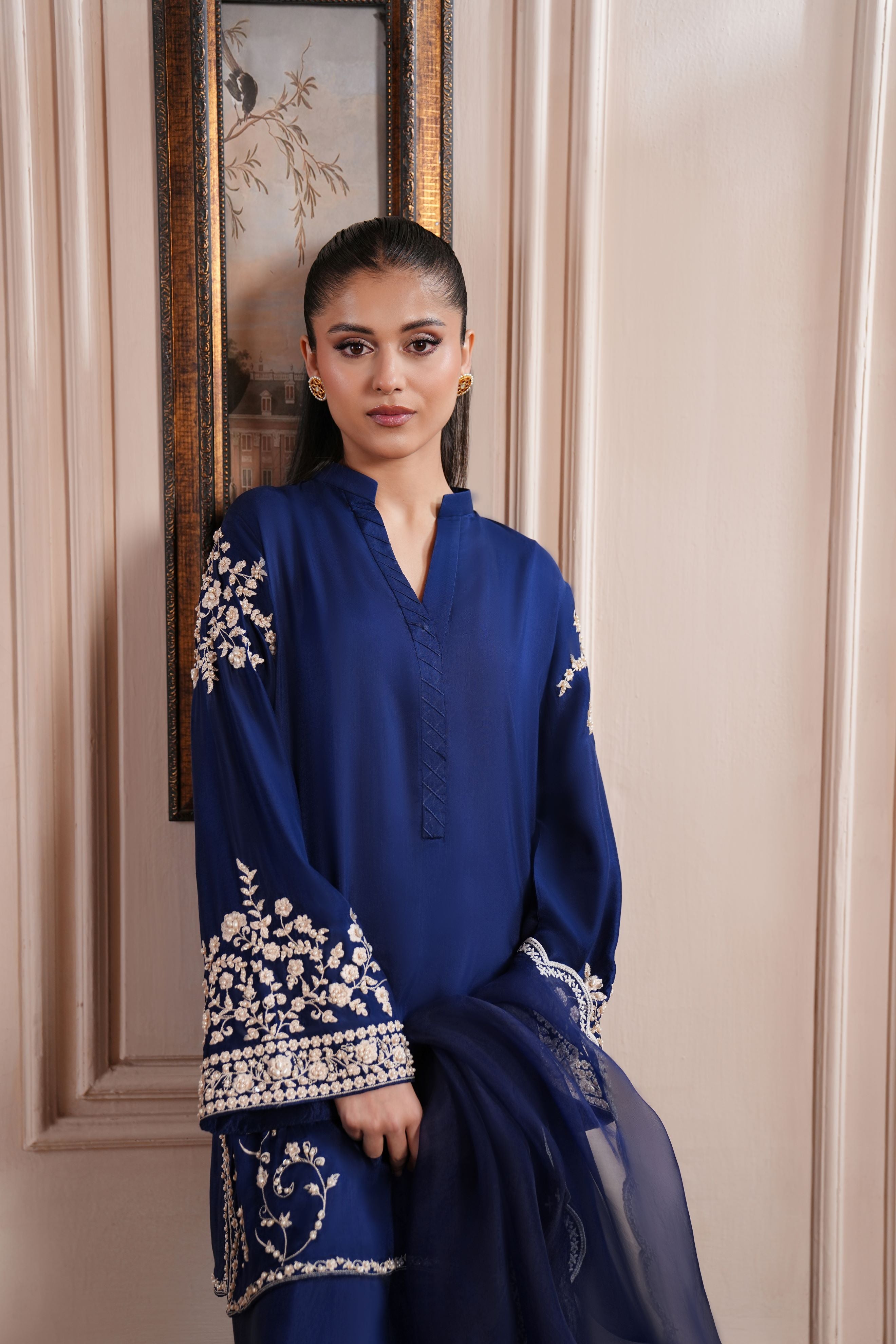Navy Blue Embroidered Silk Salwar Kameez (3-Piece) - Image 6