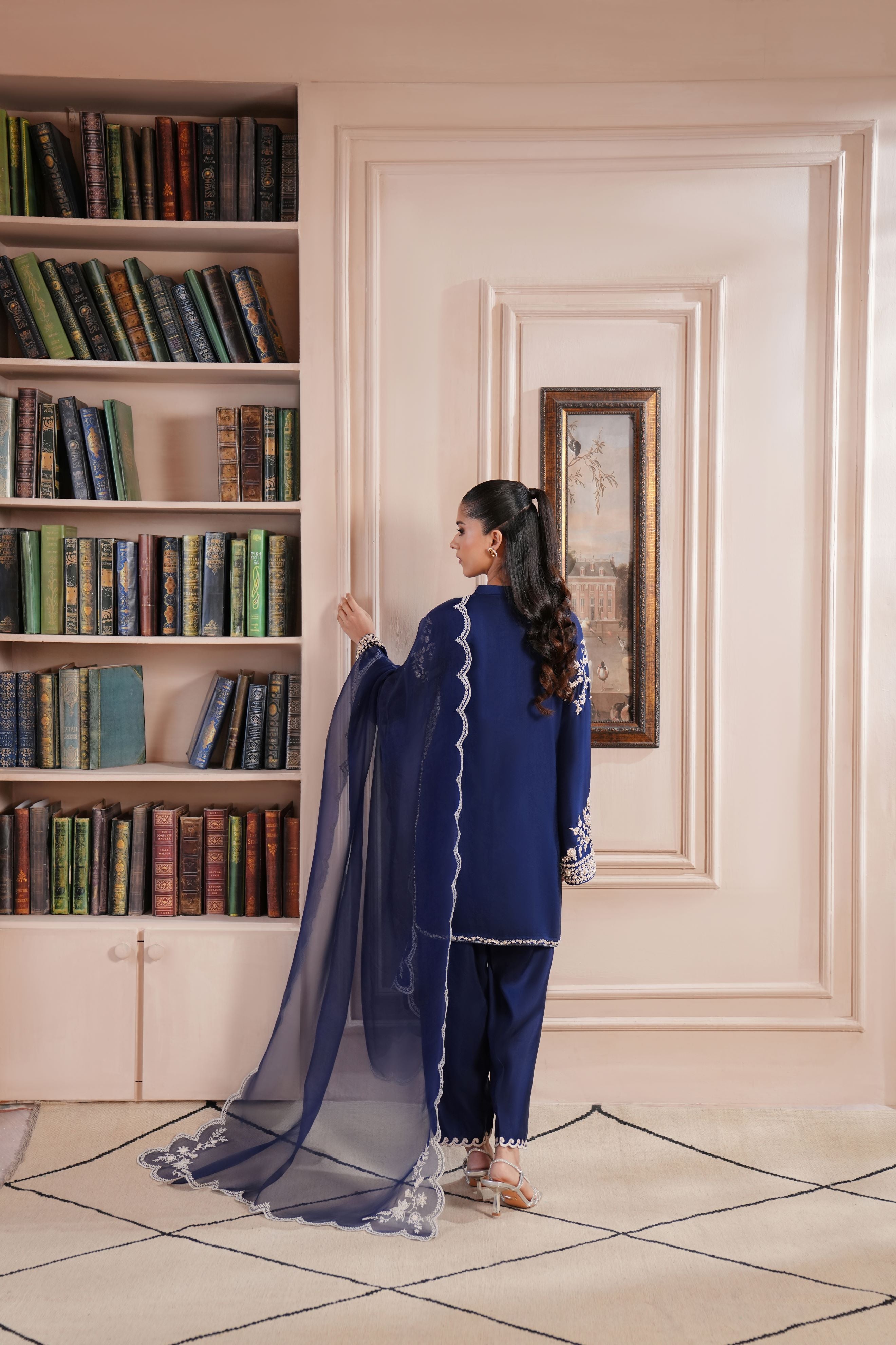 Navy Blue Embroidered Silk Salwar Kameez (3-Piece) - Image 7