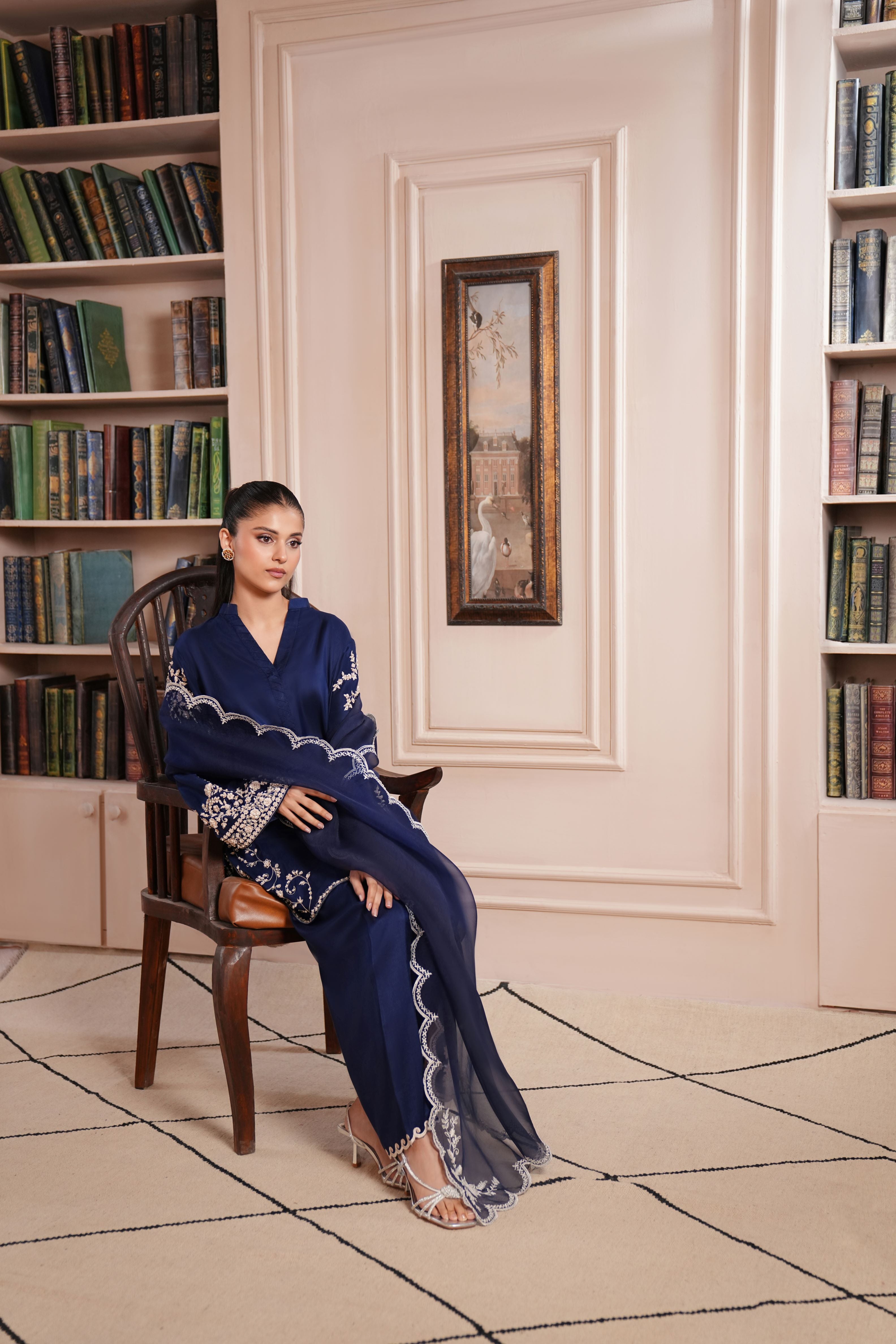 Navy Blue Embroidered Silk Salwar Kameez (3-Piece) - Image 9
