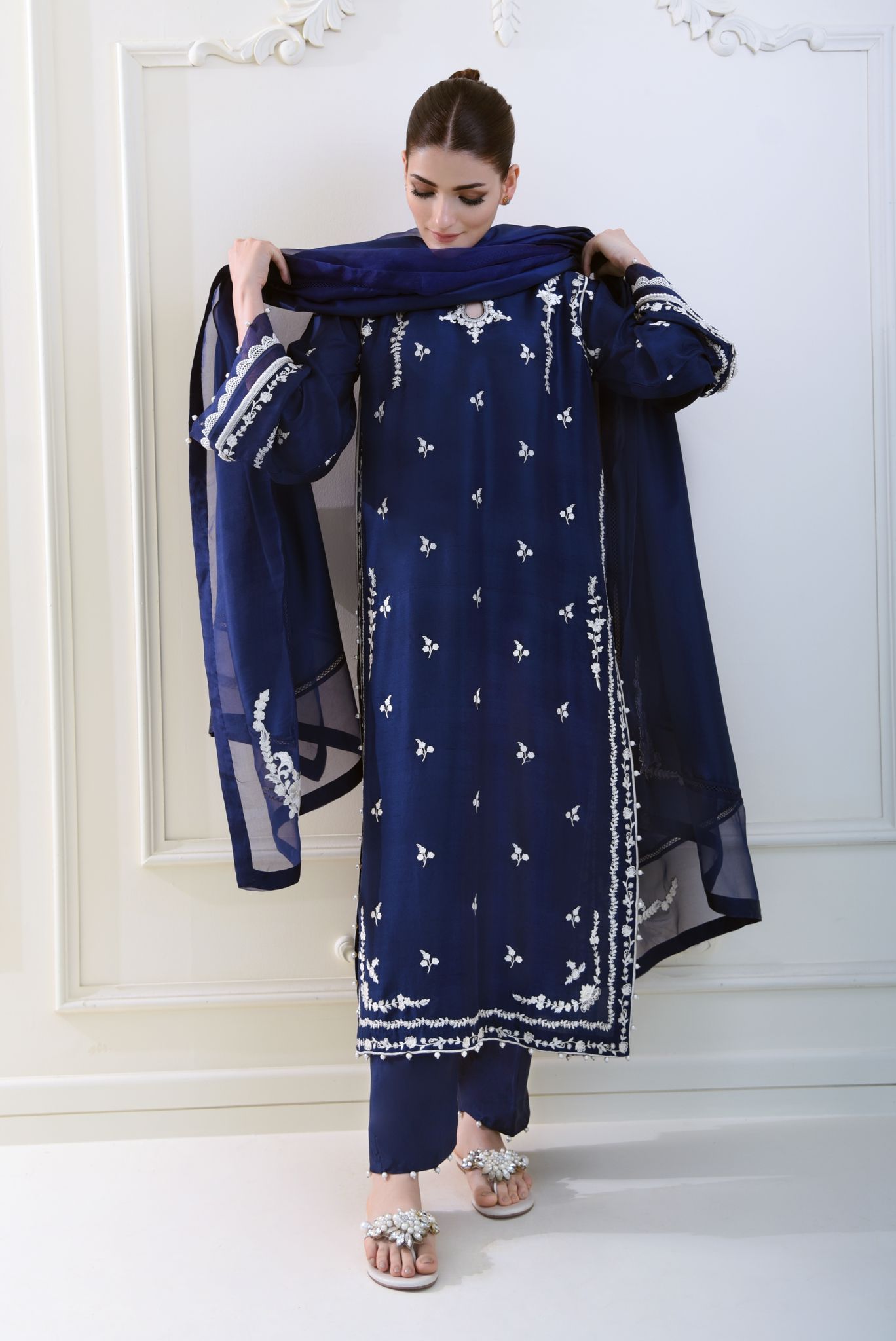 Pakistani Navy Embroidered Pure Raw Silk Salwar Kameez (3-Piece) - Image 1