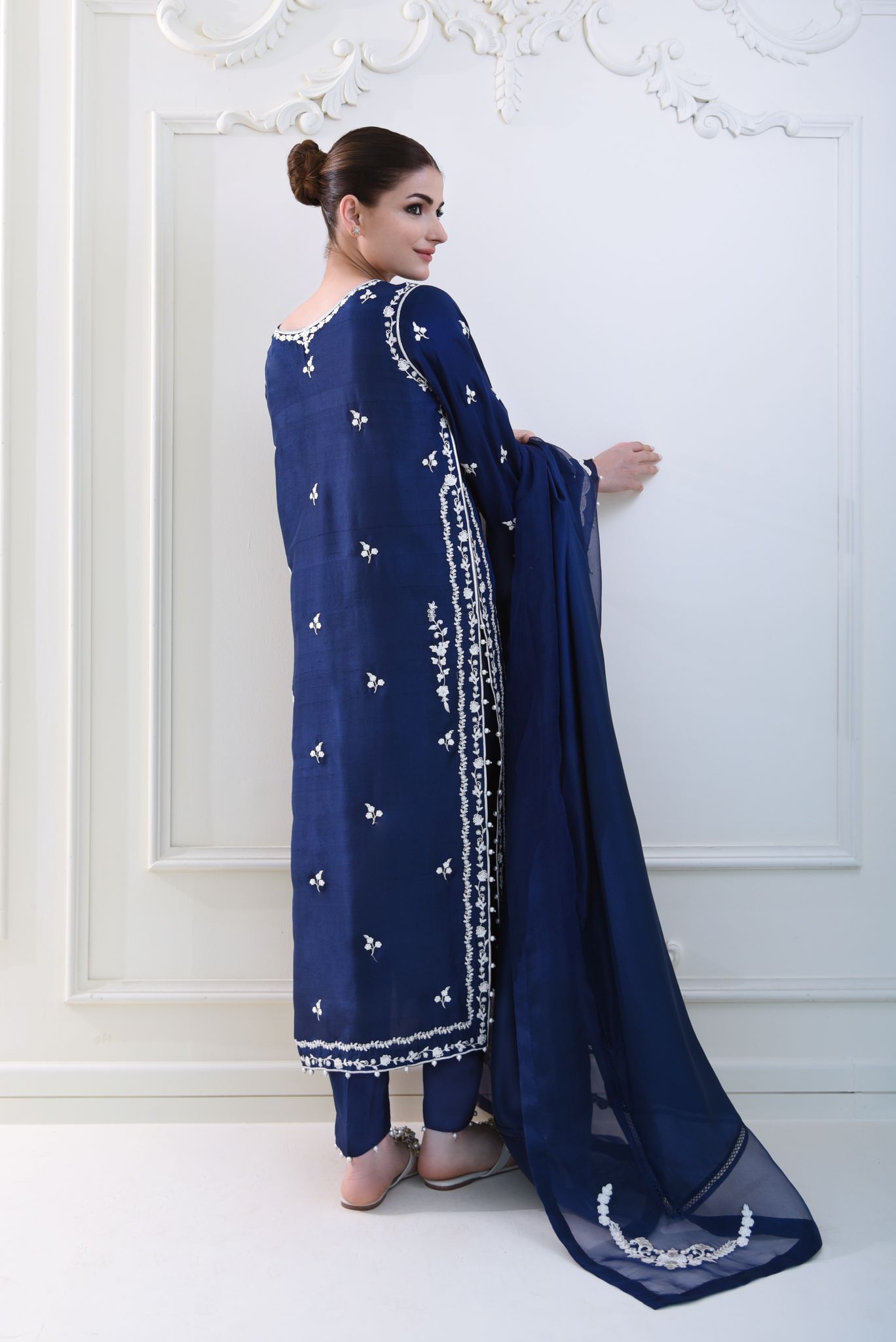 Pakistani Navy Embroidered Pure Raw Silk Salwar Kameez (3-Piece) - Image 2