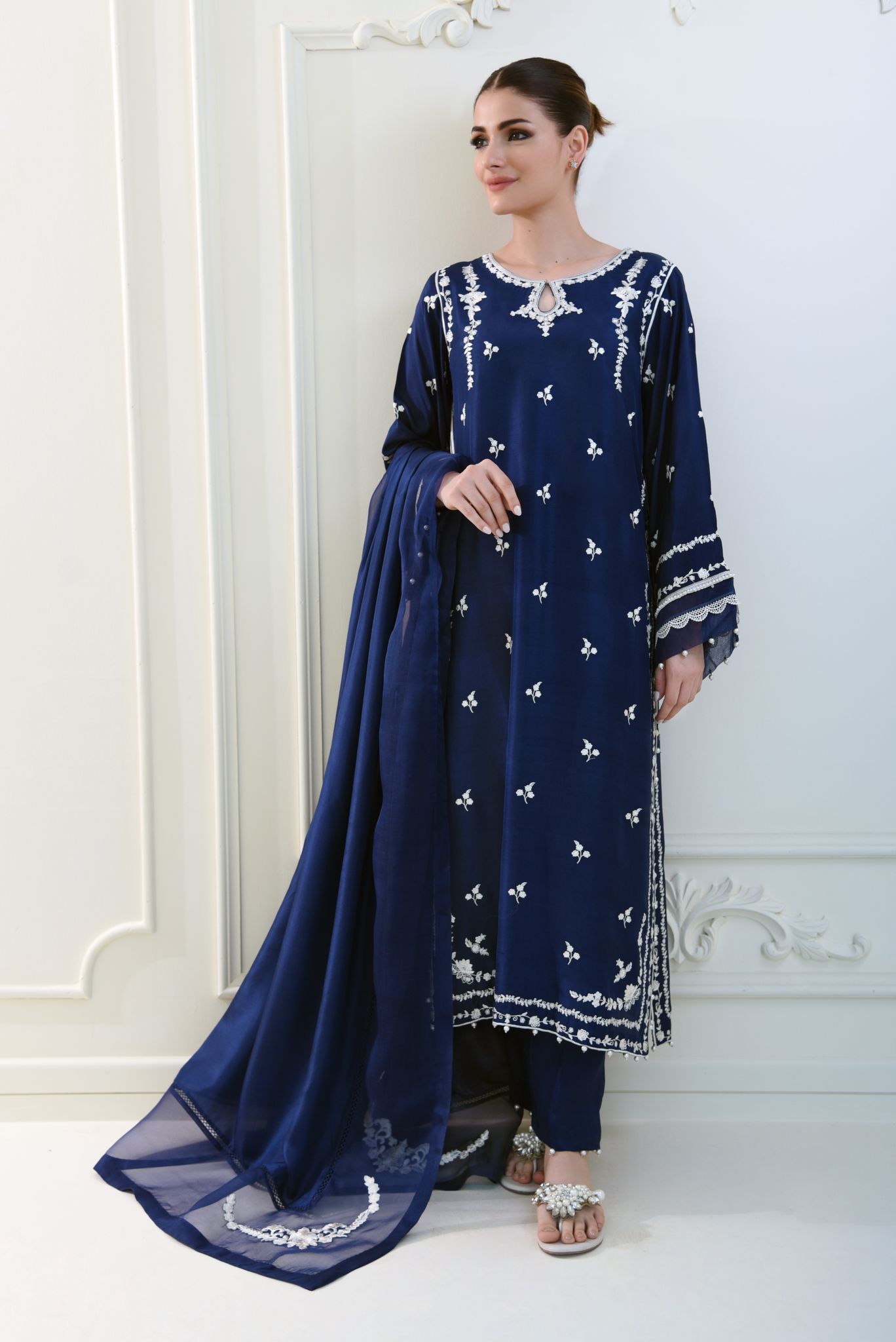 Pakistani Navy Embroidered Pure Raw Silk Salwar Kameez (3-Piece) - Image 3