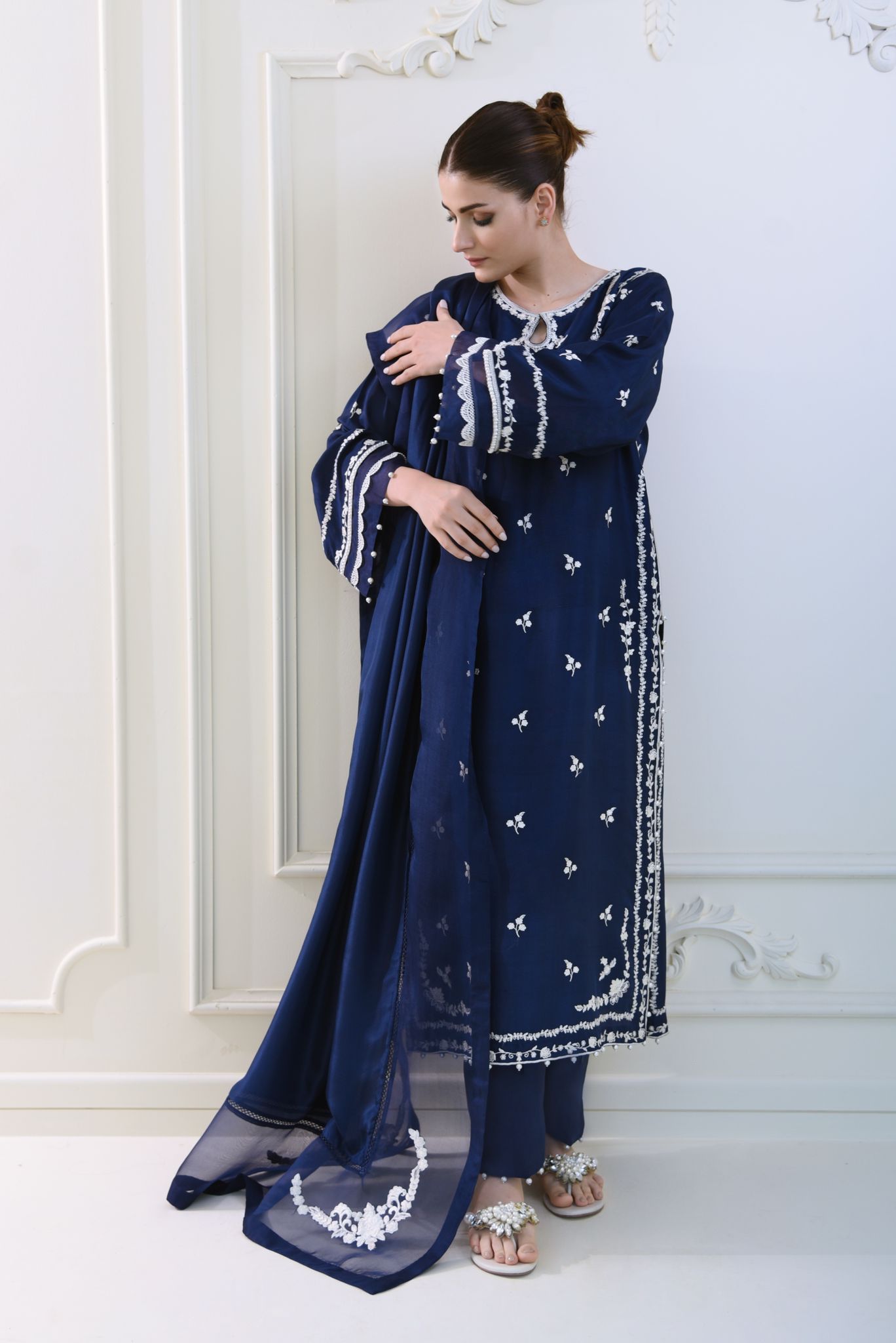 Pakistani Navy Embroidered Pure Raw Silk Salwar Kameez (3-Piece) - Image 4