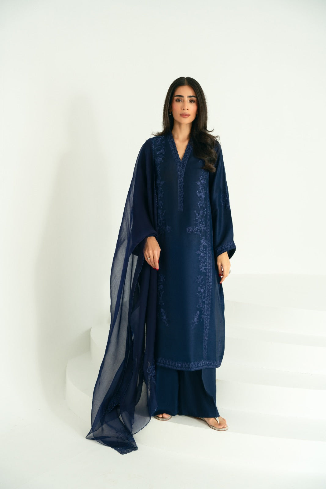 Navy Blue Embroidered Raw Silk Salwar Kameez (3-Piece) - Image 1