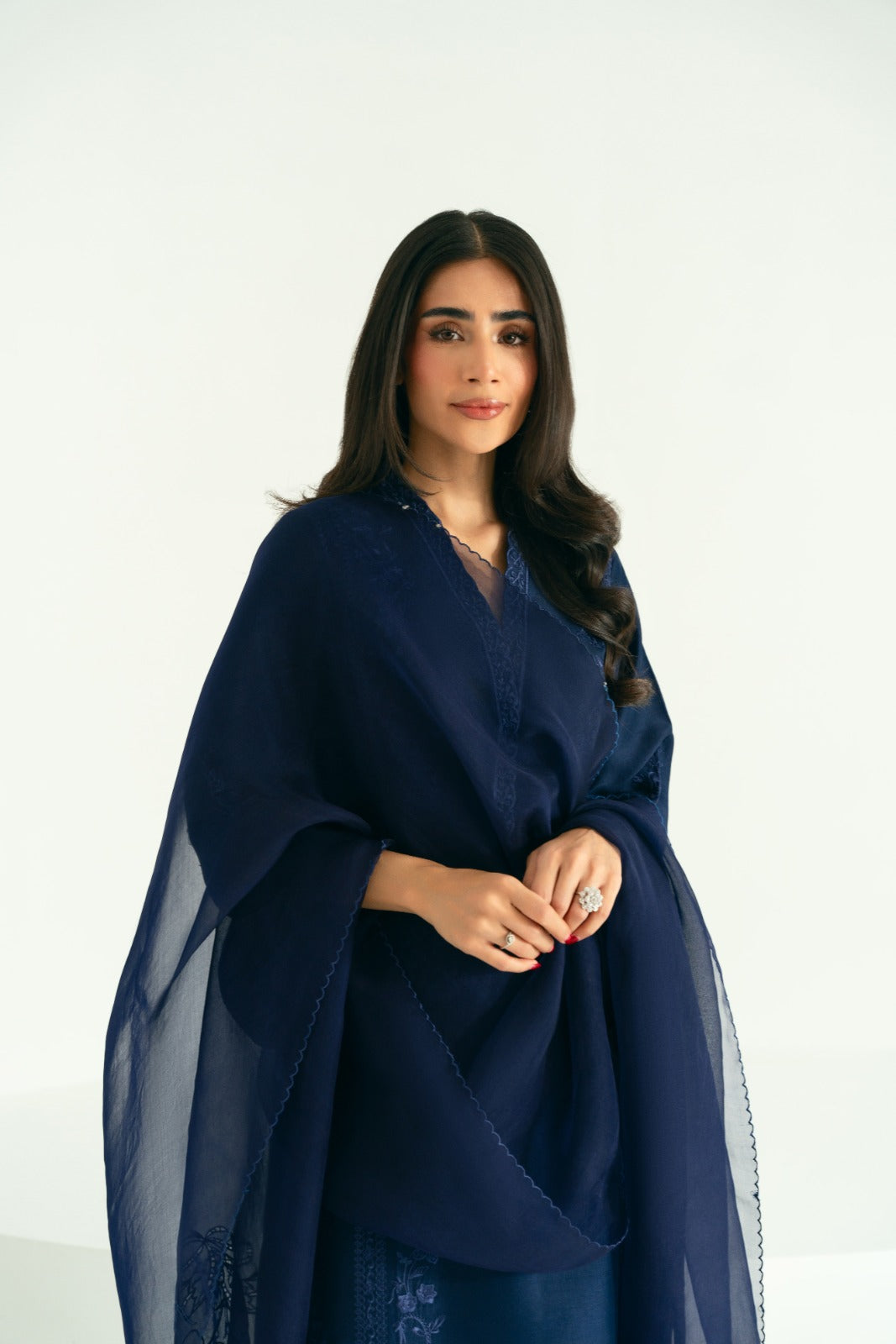 Navy Blue Embroidered Raw Silk Salwar Kameez (3-Piece) - Image 2