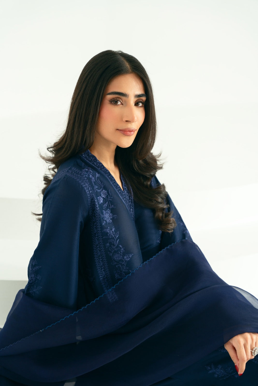 Navy Blue Embroidered Raw Silk Salwar Kameez (3-Piece) - Image 3