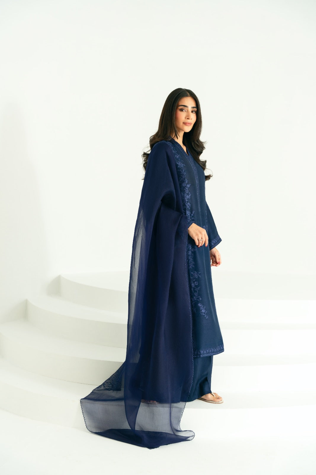 Navy Blue Embroidered Raw Silk Salwar Kameez (3-Piece) - Image 6