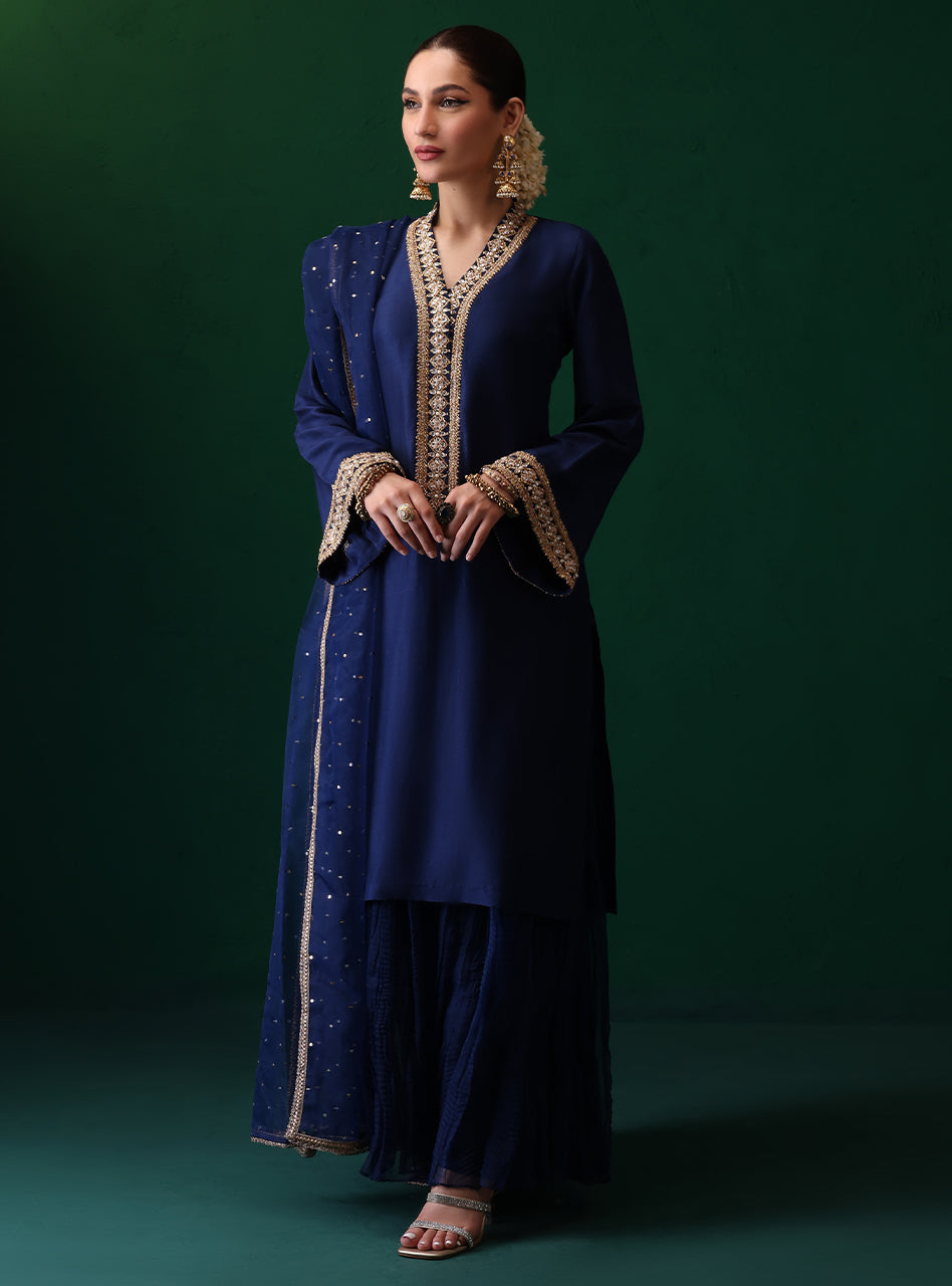 Pakistani Navy Embroidered Rawsilk Organza Salwar Kameez (3-Piece) - Image 1