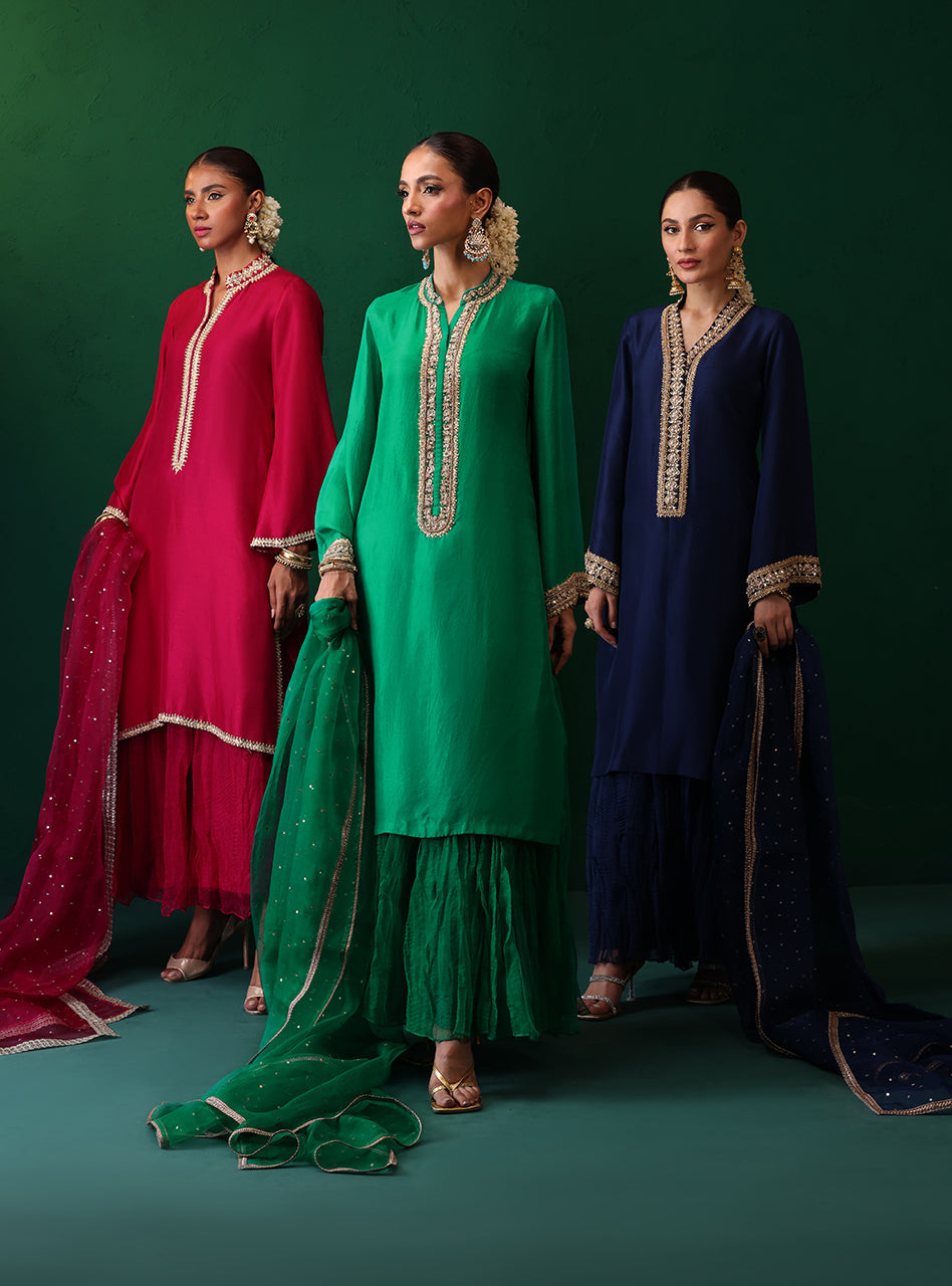 Pakistani Navy Embroidered Rawsilk Organza Salwar Kameez (3-Piece) - Image 10