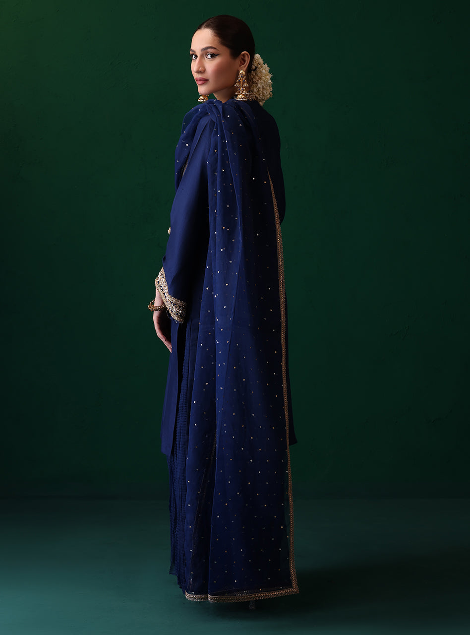 Pakistani Navy Embroidered Rawsilk Organza Salwar Kameez (3-Piece) - Image 2