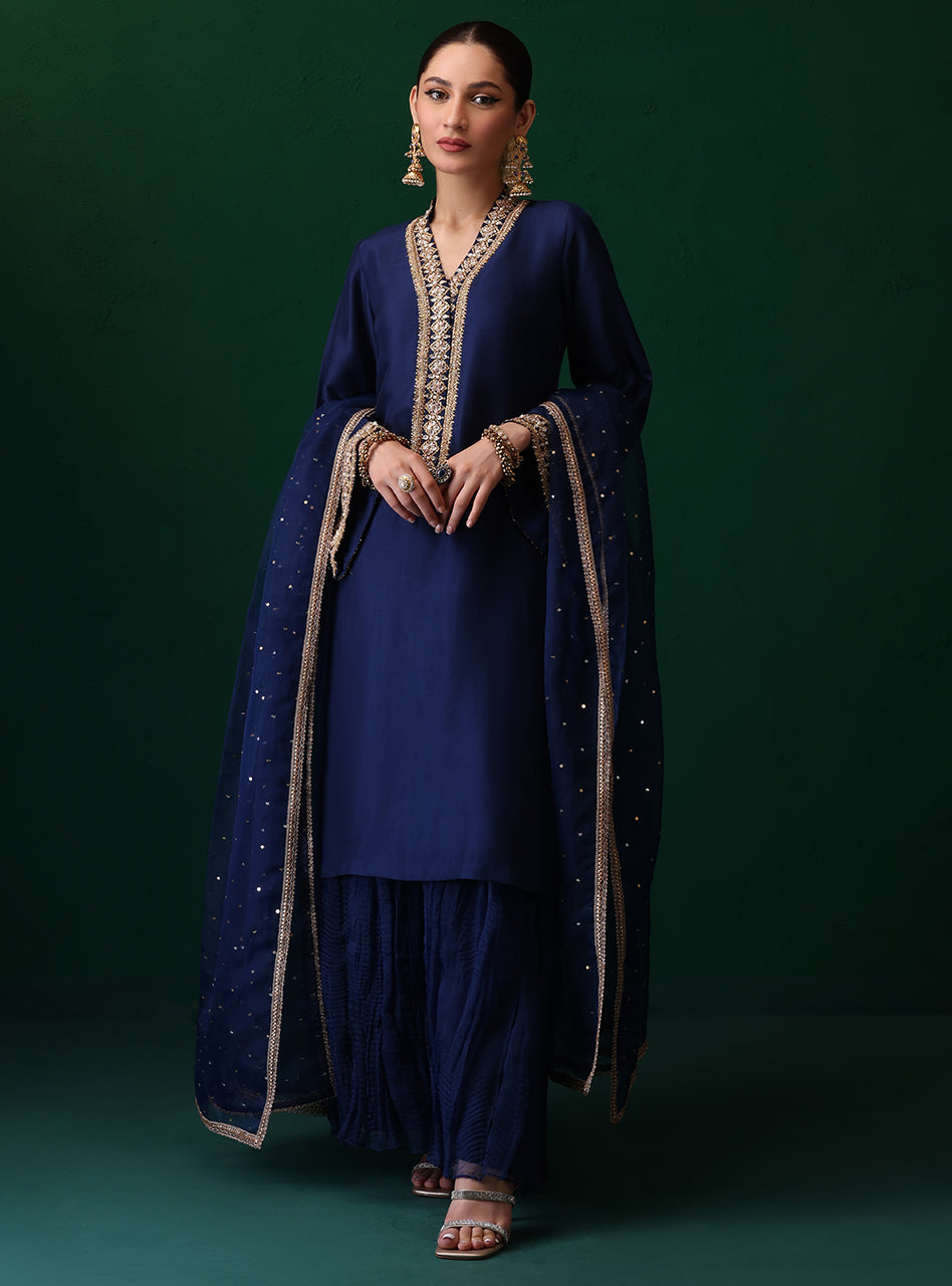 Pakistani Navy Embroidered Rawsilk Organza Salwar Kameez (3-Piece) - Image 4