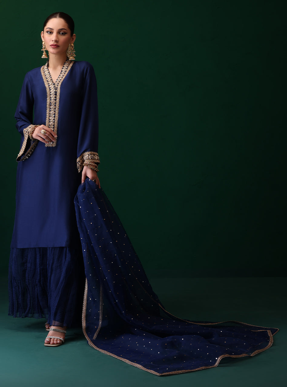 Pakistani Navy Embroidered Rawsilk Organza Salwar Kameez (3-Piece) - Image 5