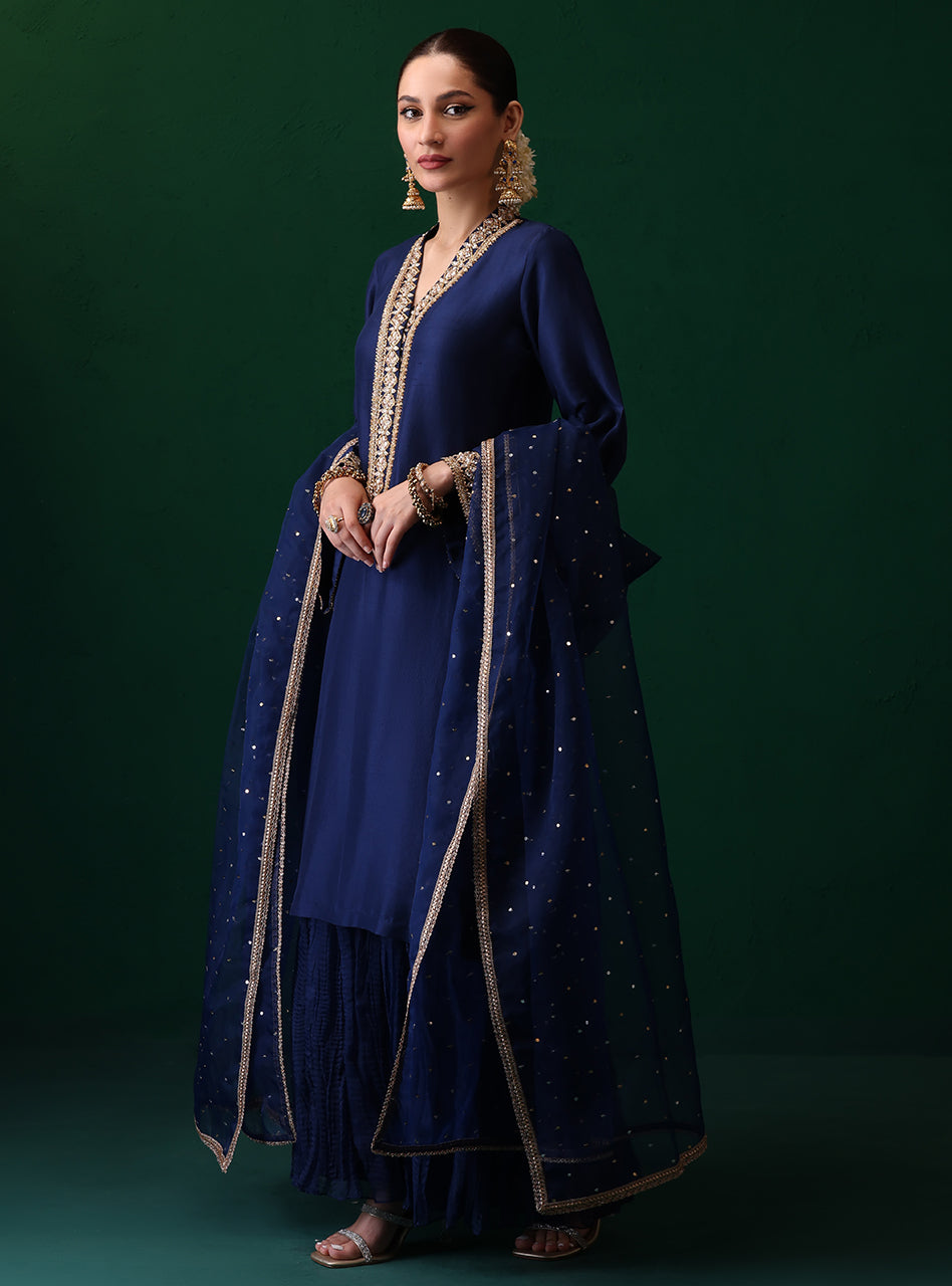 Pakistani Navy Embroidered Rawsilk Organza Salwar Kameez (3-Piece) - Image 6