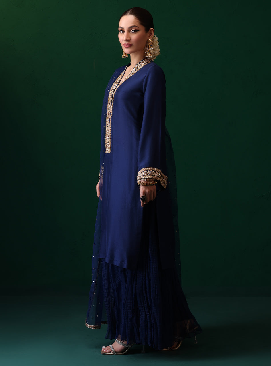 Pakistani Navy Embroidered Rawsilk Organza Salwar Kameez (3-Piece) - Image 7