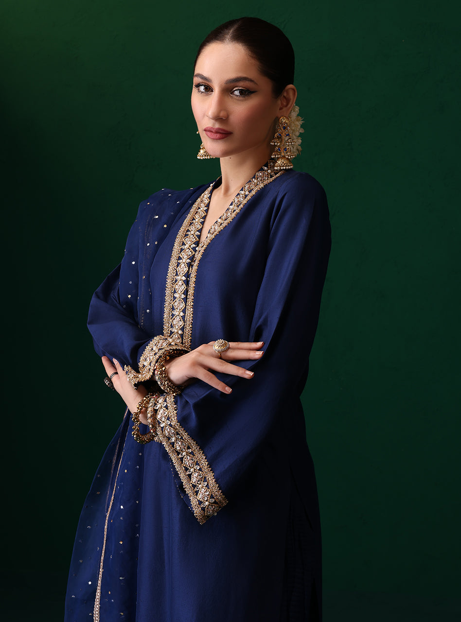 Pakistani Navy Embroidered Rawsilk Organza Salwar Kameez (3-Piece) - Image 8