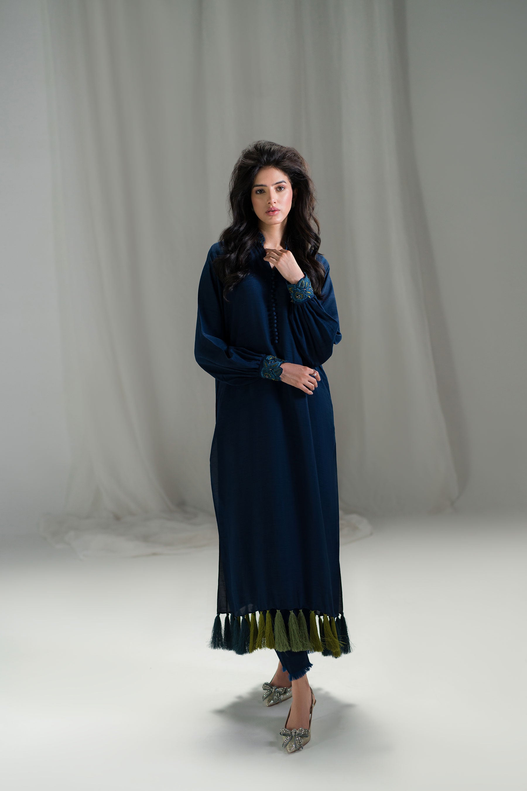Navy Blue Resham Beadwork Tunic Set (2-Piece) - Image 1
