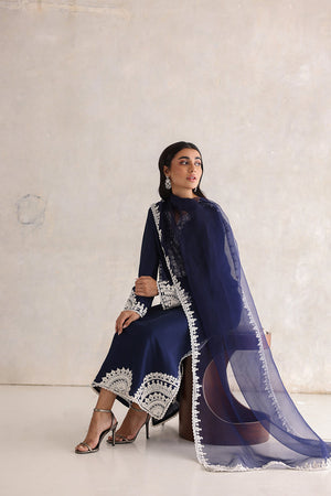 Navy Blue Aari Embroidered Silk Salwar Kameez (3-Piece) - Image 2