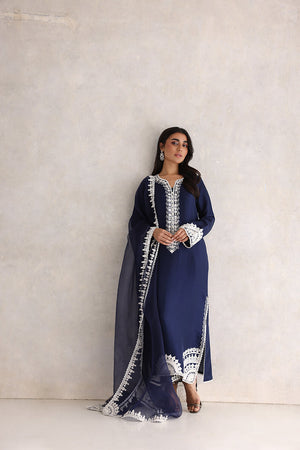 Navy Blue Aari Embroidered Silk Salwar Kameez (3-Piece) - Image 3