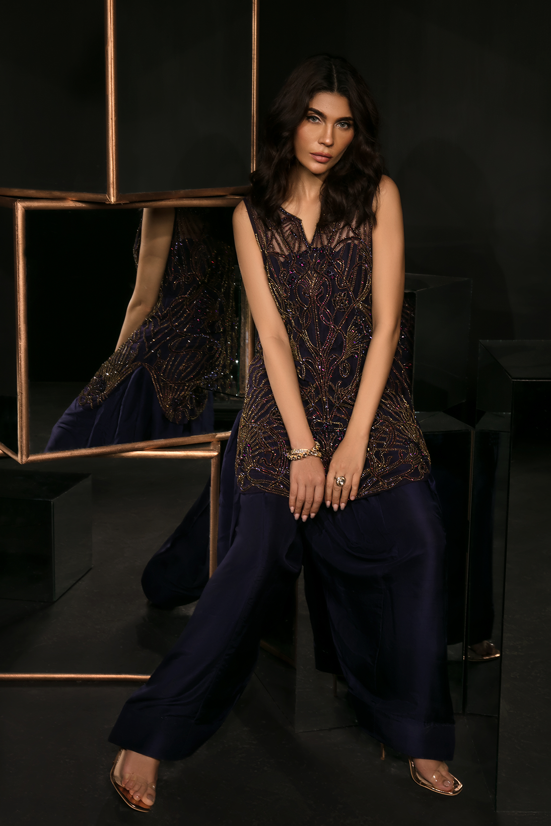 Pakistani Navy Chain Work Silk Salwar Kameez (3-Piece) - Image 2