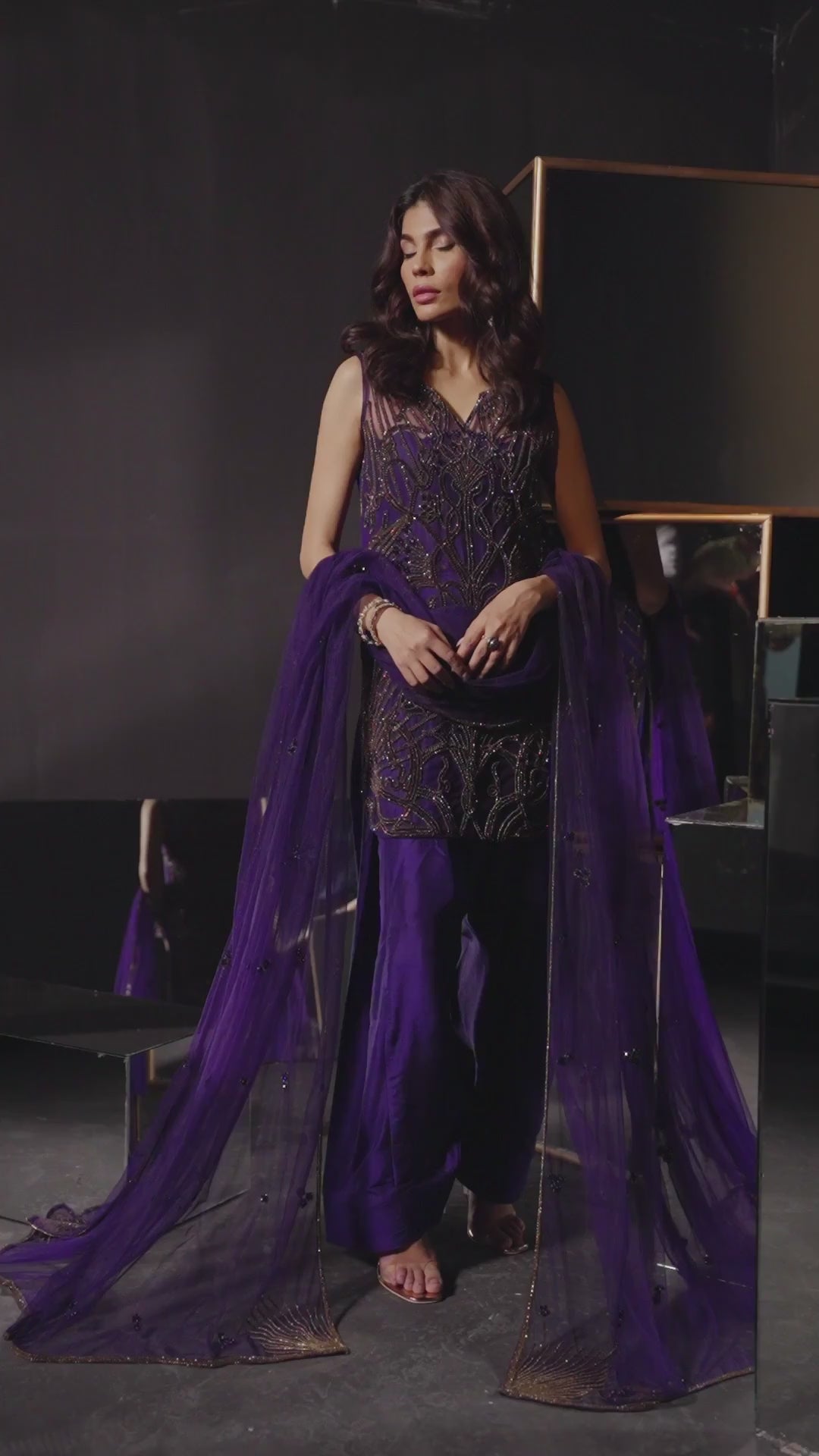 Pakistani Navy Chain Work Silk Salwar Kameez (3-Piece) - Image 7