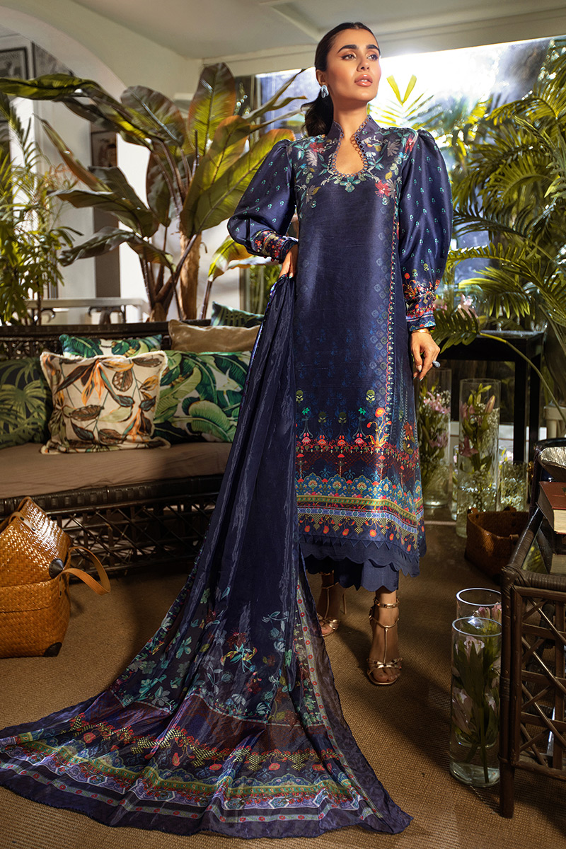 Midnight Navy Blue Digital Printed Pure Silk Salwar Kameez (3-Piece) - Image 1