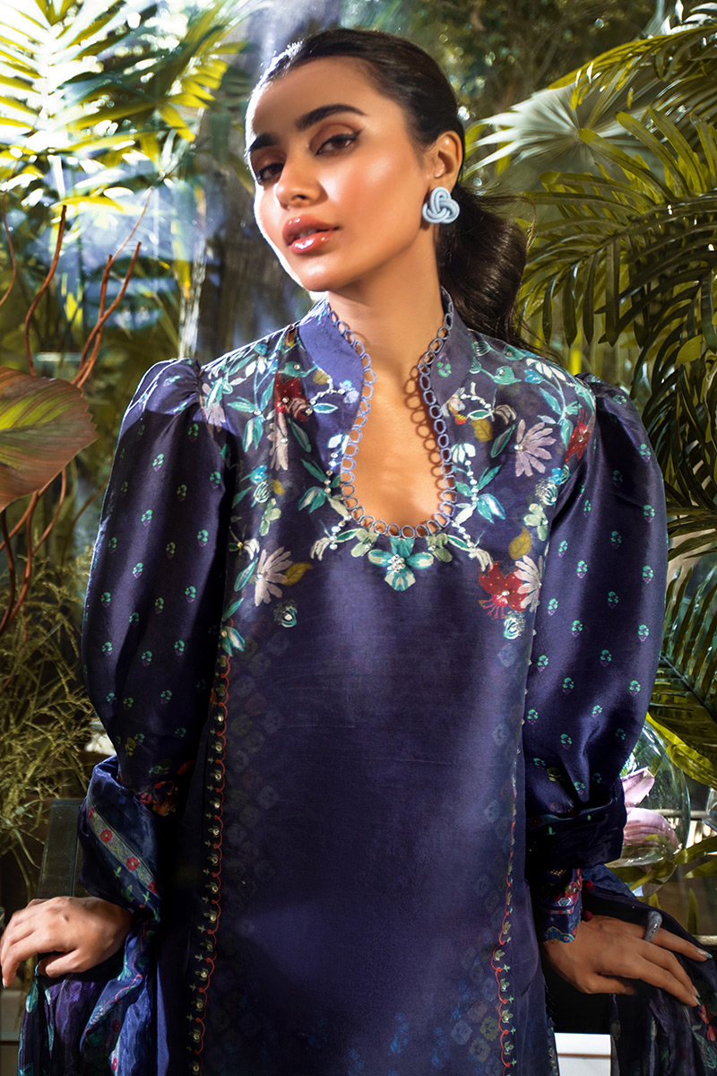 Midnight Navy Blue Digital Printed Pure Silk Salwar Kameez (3-Piece) - Image 3