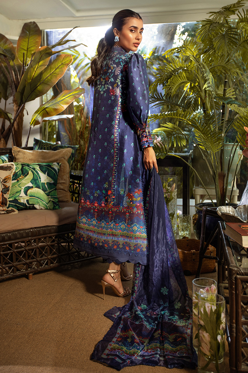 Midnight Navy Blue Digital Printed Pure Silk Salwar Kameez (3-Piece) - Image 4