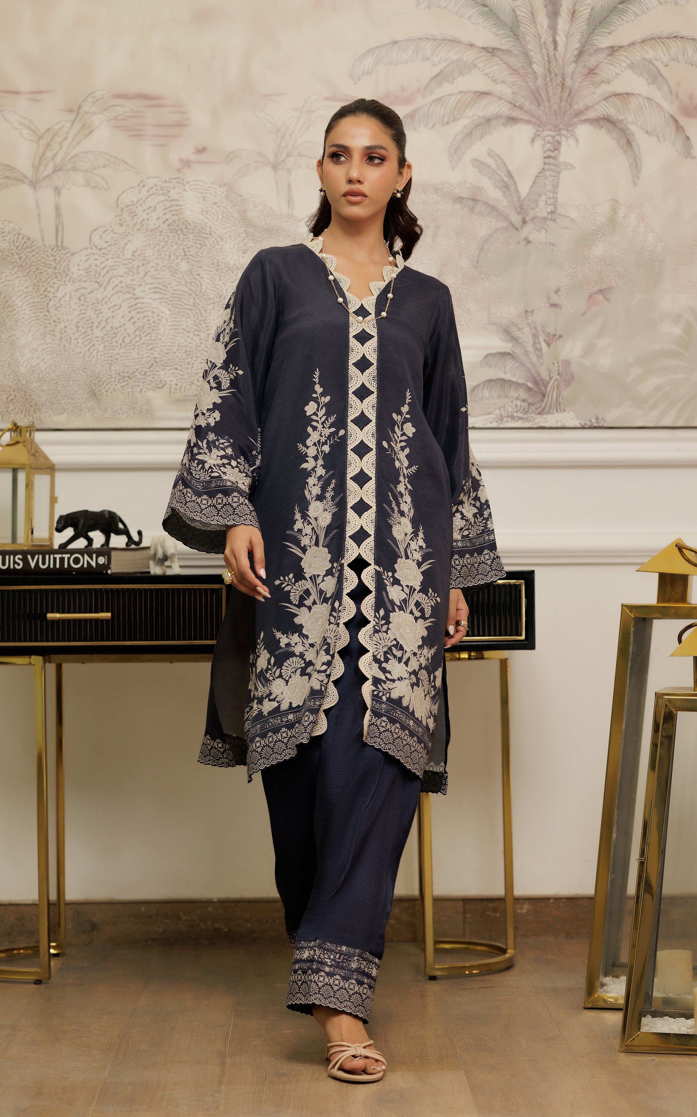 Pakistani Navy Printed Silk Salwar Kameez (2-Piece) - Image 1