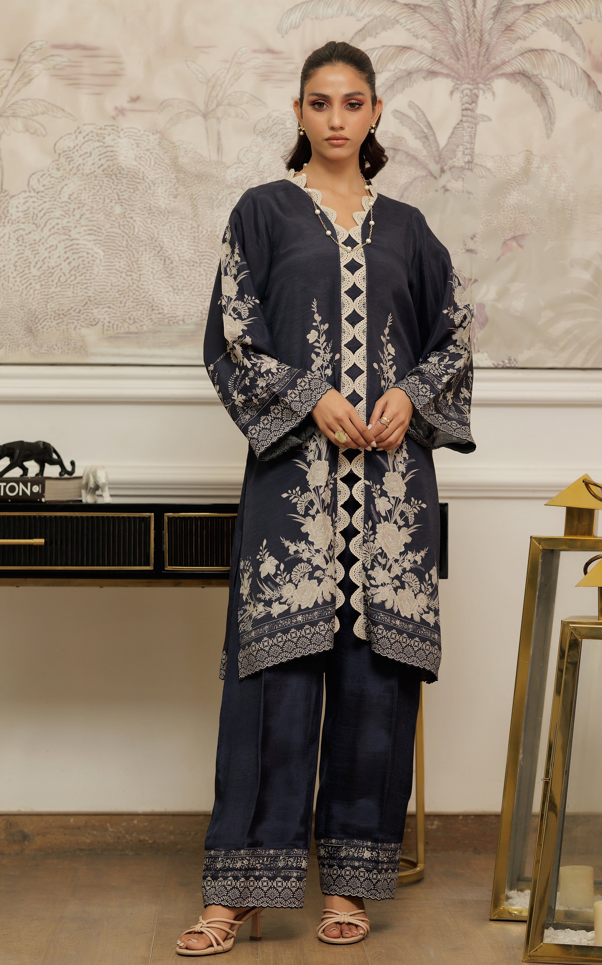 Pakistani Navy Printed Silk Salwar Kameez (2-Piece) - Image 2