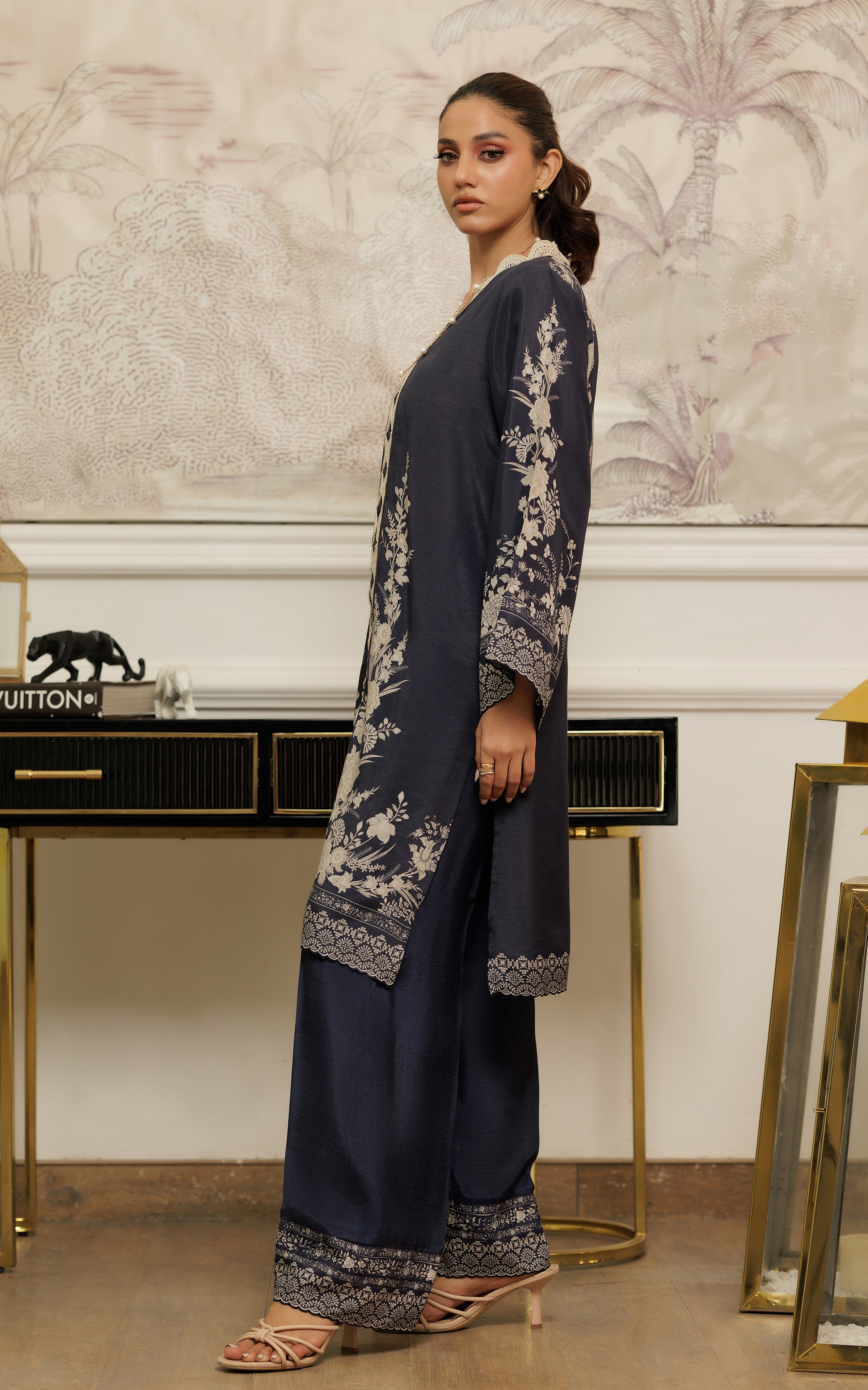 Pakistani Navy Printed Silk Salwar Kameez (2-Piece) - Image 3