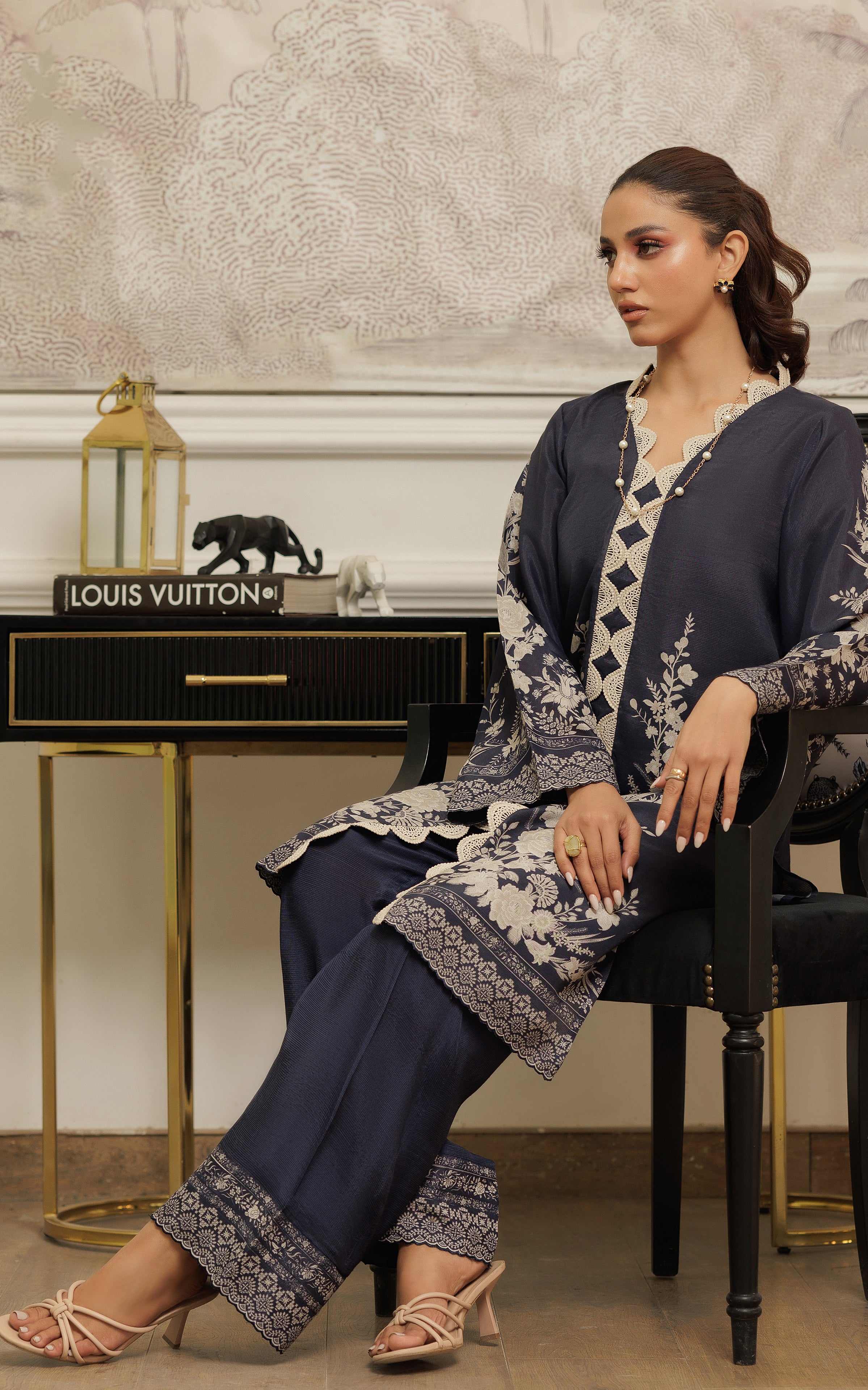 Pakistani Navy Printed Silk Salwar Kameez (2-Piece) - Image 6