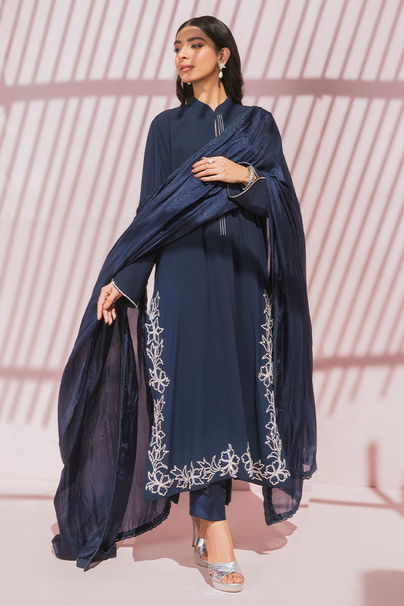 Pakistani Navy Swarovski Embellished Silk Salwar Kameez (3-Piece) - Image 1