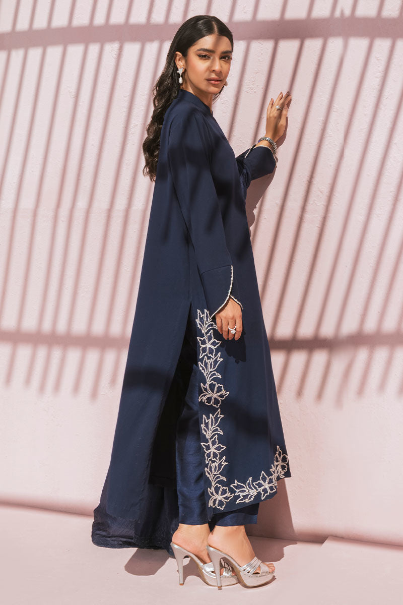 Pakistani Navy Swarovski Embellished Silk Salwar Kameez (3-Piece) - Image 12