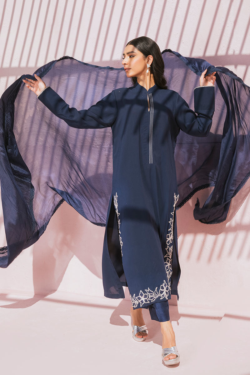 Pakistani Navy Swarovski Embellished Silk Salwar Kameez (3-Piece) - Image 15