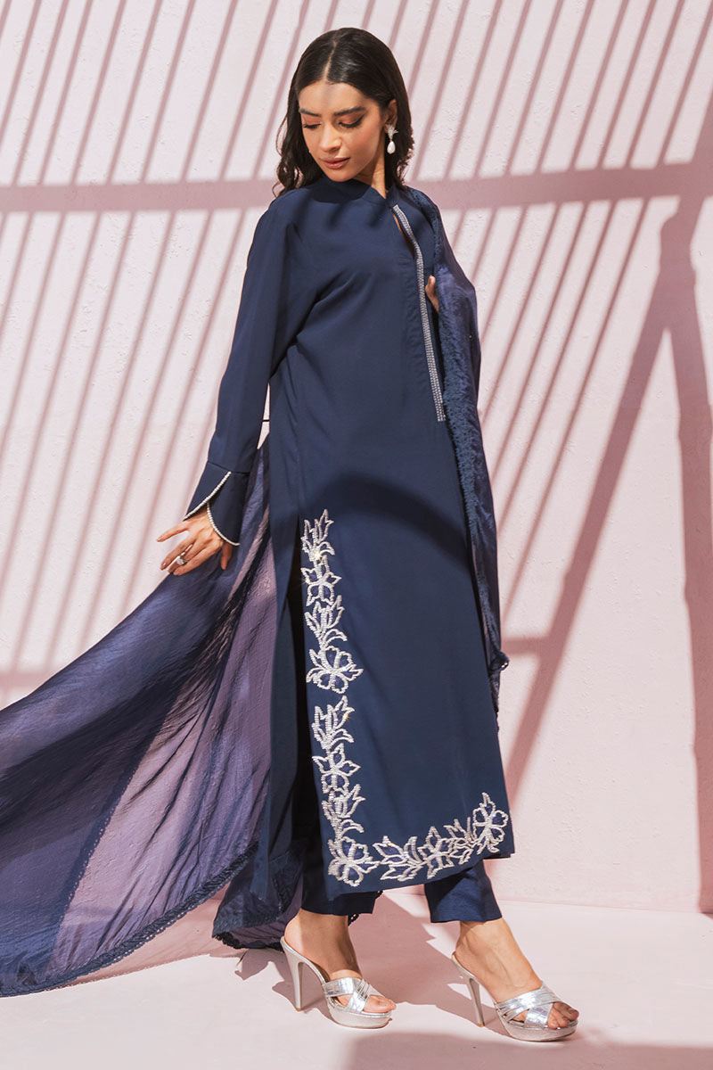 Pakistani Navy Swarovski Embellished Silk Salwar Kameez (3-Piece) - Image 2