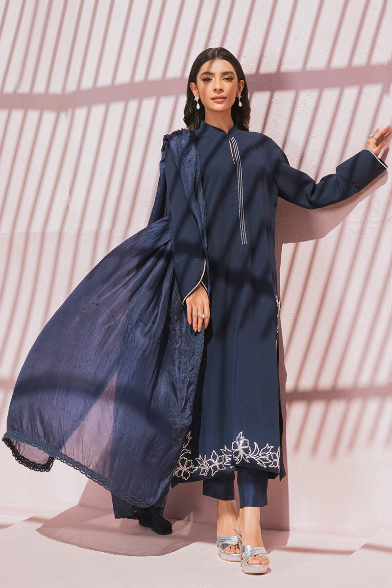 Pakistani Navy Swarovski Embellished Silk Salwar Kameez (3-Piece) - Image 3